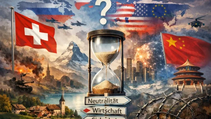 Illustration zur Schweizer Geostrategie: Schweizer Flagge zwischen Grossmächten, Wegweiser Neutralität, Wirtschaft und Sicherheit