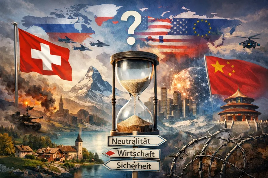 Illustration zur Schweizer Geostrategie: Schweizer Flagge zwischen Grossmächten, Wegweiser Neutralität, Wirtschaft und Sicherheit