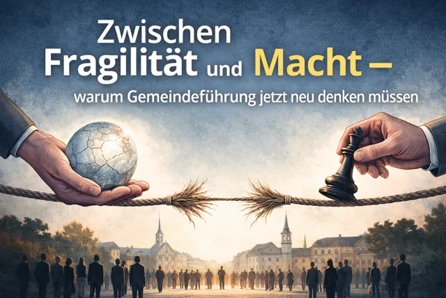Titelbild «Zwischen Fragilität und Macht»: zwei Hände ziehen an einem Seil über einer Gemeinde