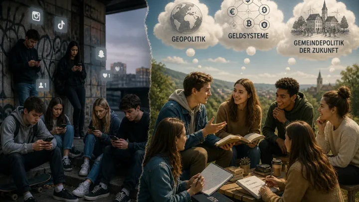 Junge Menschen am Smartphone gegenüber einer lesenden Diskussionsgruppe – Symbolbild zur Lesekultur
