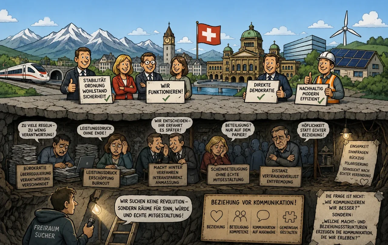 Illustration: geordnete Schweiz an der Oberfläche, blockierte Debatten im Untergrund – Titelbild zur These der Paradoxie