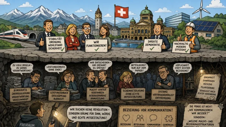 Illustration: geordnete Schweiz an der Oberfläche, blockierte Debatten im Untergrund – Titelbild zur These der Paradoxie