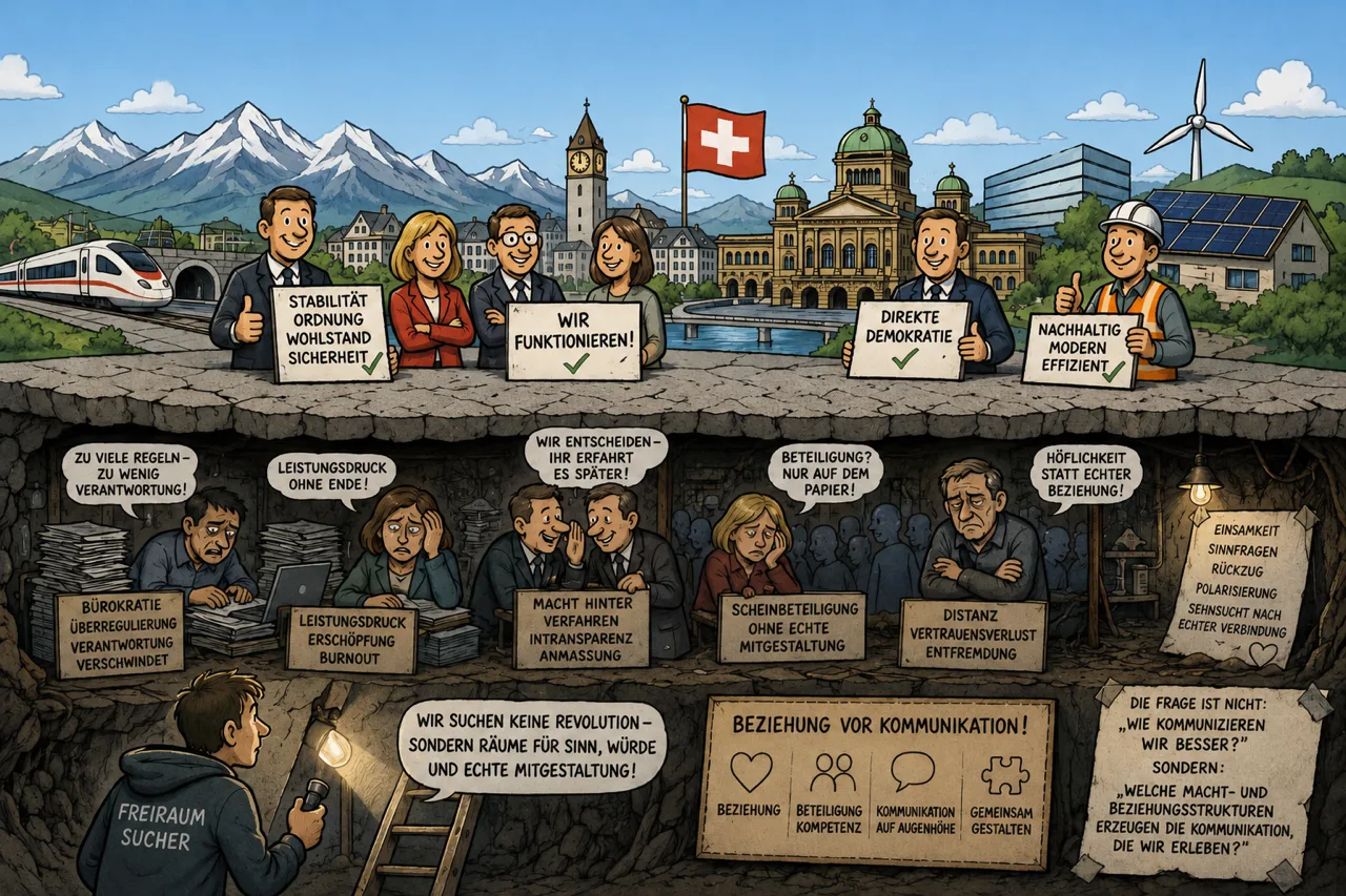 Illustration: geordnete Schweiz an der Oberfläche, blockierte Debatten im Untergrund – Titelbild zur These der Paradoxie
